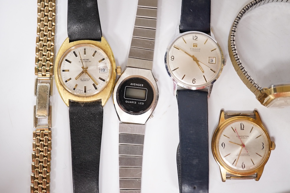 A collection of seven gentleman's assorted mainly steel wrist watches including two Tissot, a Timex, Ingersoll, Montine, Kingston and Sekonda, together with six assorted lady's mainly steel wrist watches including Seiko,
